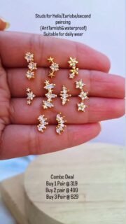 Studs for Upper Peircing/ Main Peiricing/helix pericing

Buy 1 pair for 319 
Buy 2 pair for 499 
Buy 3 pair for 629

One ear, endless drama. These beauties were made to be worn in every piercing you've gotss
Not your regular studs-these are for the bold, the stacked, the multi-pierced queens.🌸💗

Balls screws, making them absolutely suitable for everyday wear. No poking, No discomfort

316L stainless steel 
AntiTarnish 
Waterproof 
Suitable for daily wear