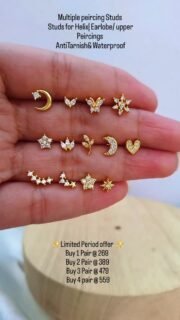 Hey girlie 💅✨

Tired of hunting for budget-friendly multiple-piercing earrings? Relax..we've got you covered🫶

Our New range of peiricing earrings just dropped- perfectly suitable for Helix/upper helix/earlobe and other pericings .

Balls screws, making them absolutely suitable for everyday wear. 
No poking, No discomfort
316L stainless steel 
AntiTarnish 
Waterproof

Limited period offer
Buy 1 pair @ 269 
Buy 2 pair @ 389 
Buy 3 pair @ 479 
Buy 4 pair @ 559