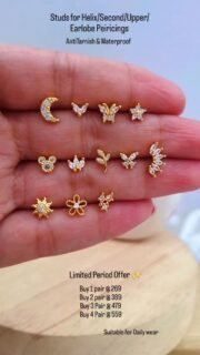 Hey pretty girlie 🎀✨

still searching for cute, affordable earrings for all your piercings?
Consider this your sign… 💌
your ear stack glow-up just arrived 💫
Our newest piercing collection is here — made for your helix, upper helix, lobe & everything in between ✨
Tiny, dainty, effortlessly aesthetic pieces you’ll never want to take off

Designed with flat-back screw closures =
no poking, no irritation, just all-day comfort 🤍

Made in 316L stainless steel
anti-tarnish ✨ waterproof ✨ everyday safe

✨ Special drop offer ✨
1 pair — ₹259
2 pairs — ₹369
3 pairs — ₹449
4 pairs — ₹529
more piercings, less spending… sounds like a win 🫶🏻✨